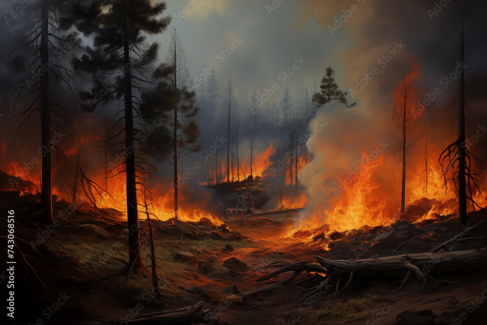 Forest on fire. Ecological catastrophy. Nature's fury unleashed: a haunting scene of a forest consumed by flames, a stark reminder of the power and devastation of wildfires - obrazy, fototapety, plakaty 