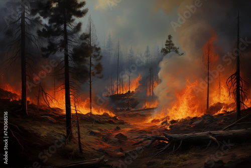 Forest on fire. Ecological catastrophy. Nature's fury unleashed: a haunting scene of a forest consumed by flames, a stark reminder of the power and devastation of wildfires © decorator