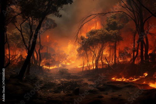 Forest on fire. Ecological catastrophy. A captivating image of a blazing forest, where nature's fury paints the sky with flames, telling a tale of both chaos and resilience in just one snapshot