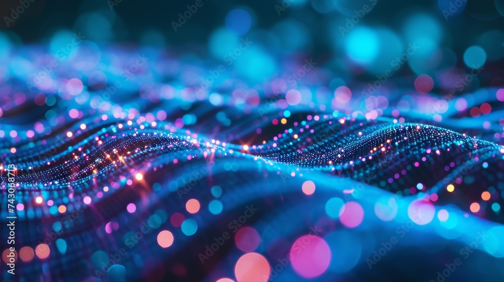 data visualization with blue pink dots connected background banner. hi-tech futuristic illustration with bokeh.	 - obrazy, fototapety, plakaty 