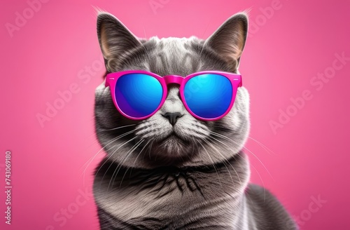 closeup portrait of funny grey cat in pink sunglasses isolated on on a pink background with place for text, copyspace