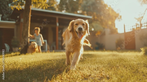 A beautiful family of four, all smiles, playing catch with a flying disc on their backyard lawn. Happy family playing with happy golden retriever dog on the backyard lawn. #743069182
