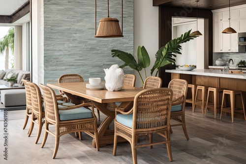 Waterfall Countertop Kitchen  Rattan Chair Coastal Dining Area Ambiance