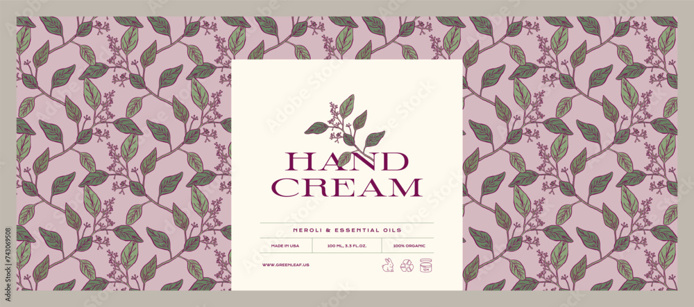 Vector hand drawn line art vector cosmetics label design template with botanical seamless pattern.
