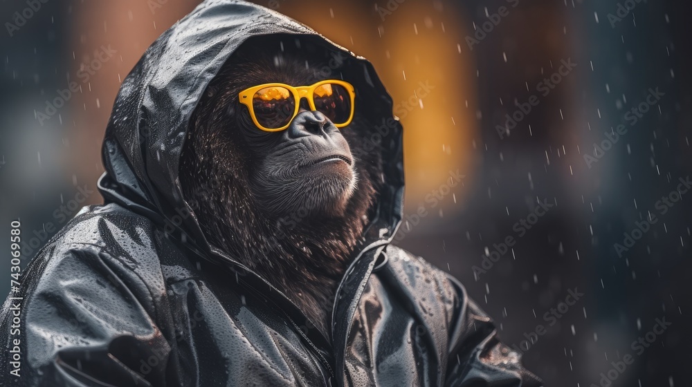 Gibbon wearing dark sunglasses. Portrait of a gibbon. Anthopomorphic creature. Fictional character for advertising and marketing. Humorous character for graphic design.