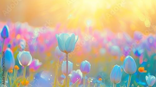 Landscape with blooming tulips. Fresh spring flowers. Illustration for cover, card, postcard, interior design, banner, poster, brochure or presentation.