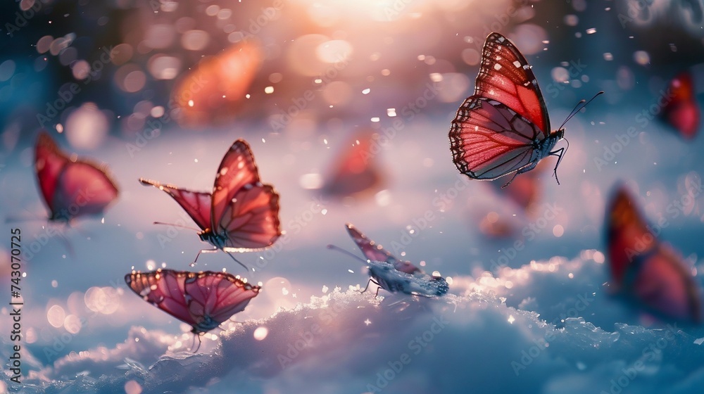 Enchanted Winter: Butterflies Gliding over Snow. Generative ai - obrazy, fototapety, plakaty 