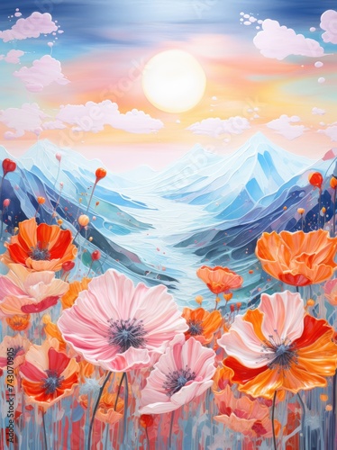 A colorful painting depicts a field filled with vivid flowers  set against a backdrop of towering mountains that stretch across the horizon.