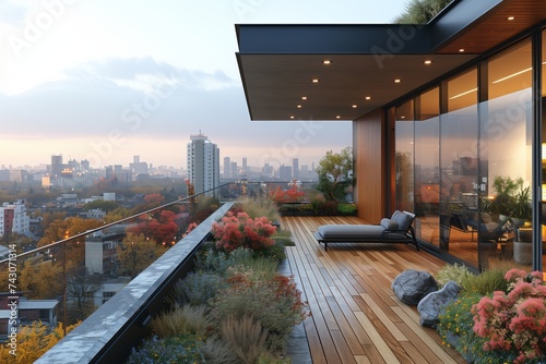 An urban rooftop terrace with a picturesque view of the city skyline, featuring modern architecture, lush plants, and a cloudy sky