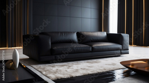 Moderno sal  n con atrevido sof   de de piel negro en sal  n con decoraci  n elegante