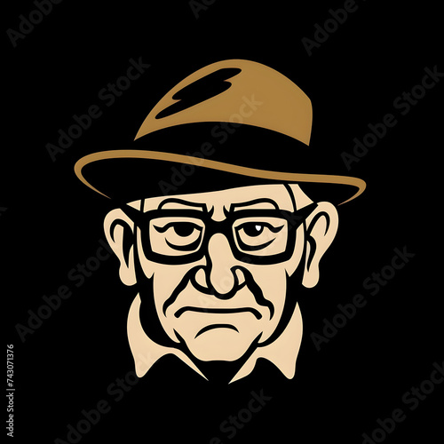 A logo illustration of an elderly man with hat and glasses on black background.