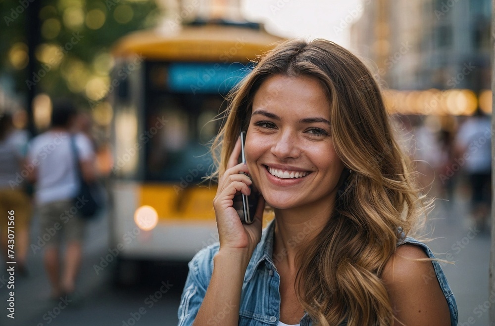 Portrait of smiling woman talking on the phone in the city. People communication concept Portrait of smiling woman talking on the phone in the city. People communication concept