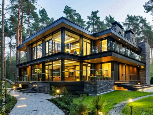 Modern Tranquility: Luxurious Forest Home at Dusk. Generative ai © Yevheniiya