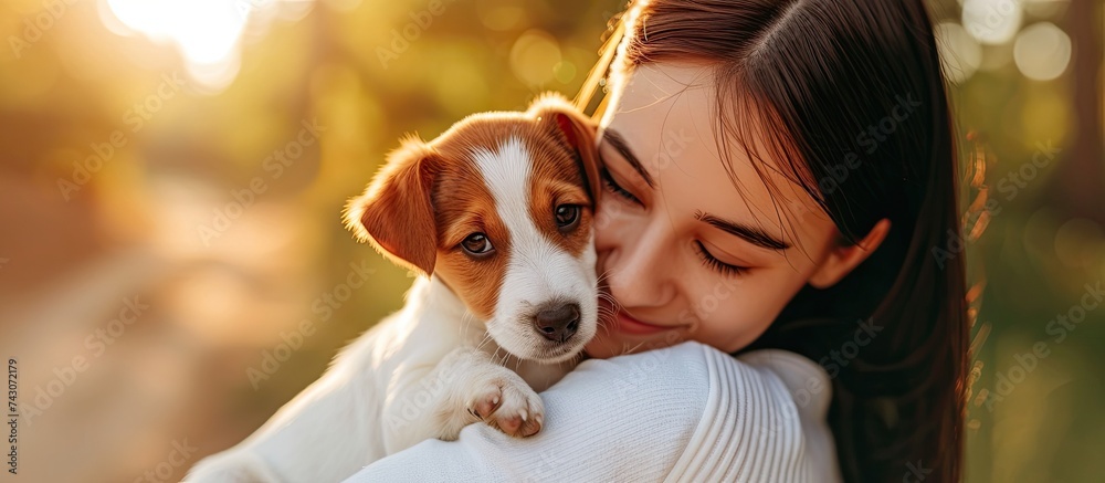 A woman with dark hair is standing outdoors under the sunny weather, gently cradling a small Jack Russell puppy in her arms. A woman with dark hair is standing outdoors under the sunny weather, gently cradling a small Jack Russell puppy in her arms.