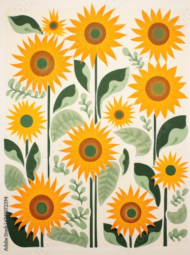 A painting featuring vibrant sunflowers against a clean white background, showcasing the beauty of these iconic flowers in a minimalist setting.