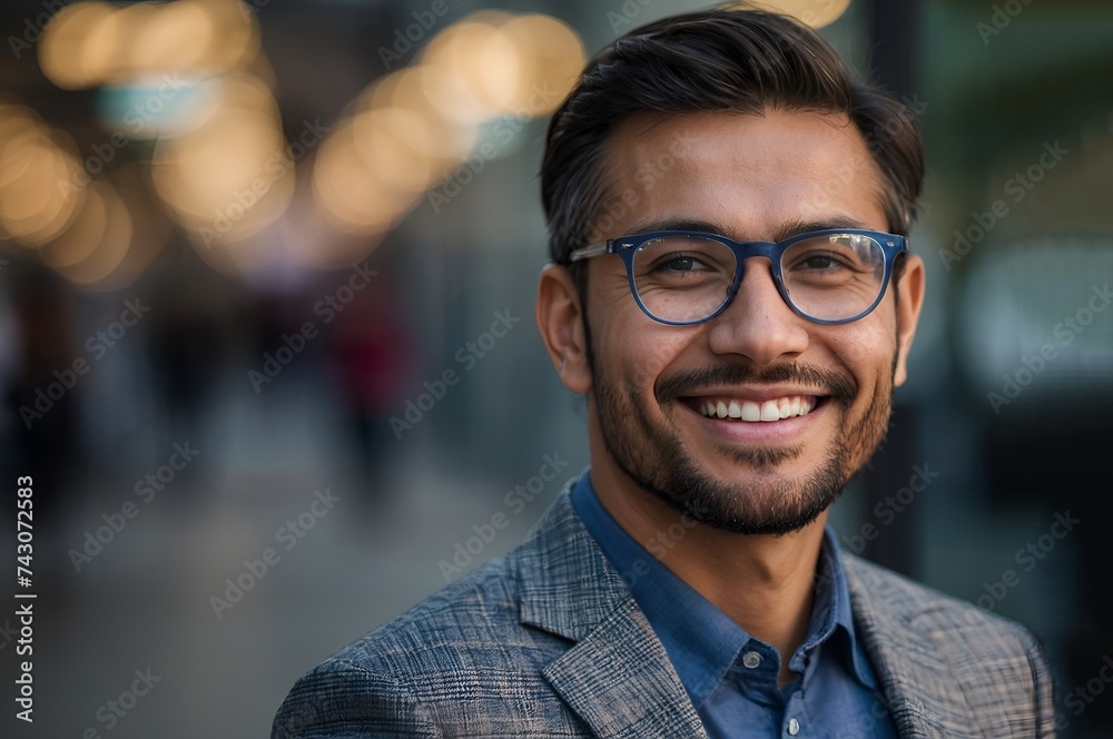 Portrait of happy young man wearing spectacles and looking at camera. Businessman with beard and glasses feeling confident at office