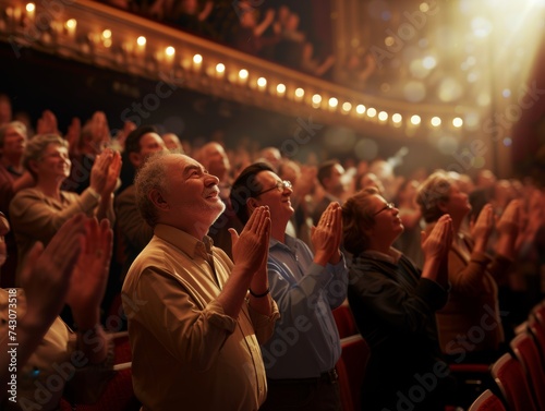 Diverse Audience Applauding Enthusiastically in a Brightly Lit Theater Setting photo