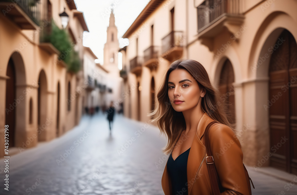 Traveler girl walking the in street of old town in Europe