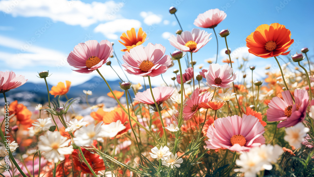 Spring landscape of blooming  colorful flowers in a meadow with mountains in the background