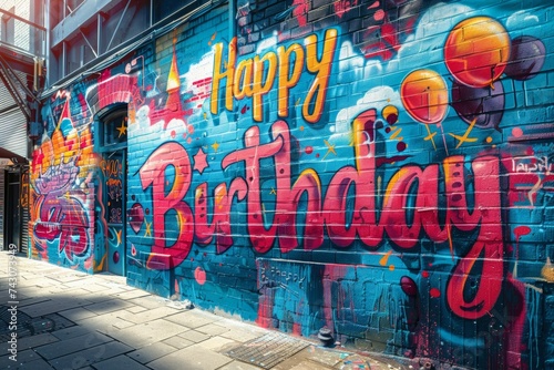 Lettering Happy Birthday. Street graffiti. Background with selective focus and copy space