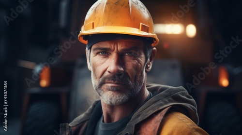 Generative AI Portrait of a builder with a hammer and level, confident and skilled, on a construction site background