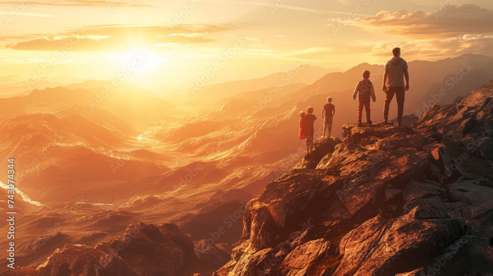 Family on Mountain Top at Sunset: Father with Three Children Admiring the View after a Hike Family on Mountain Top at Sunset: Father with Three Children Admiring the View after a Hike