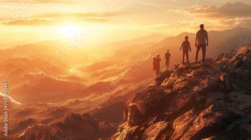 Family on Mountain Top at Sunset: Father with Three Children Admiring the View after a Hike © bomoge.pl