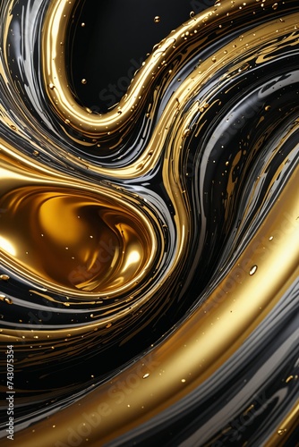 Swirling golden paint with droplets creating an elegant abstract design.