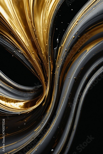 Abstract Swirls of Golden Paint Contrast With Deep Black Background