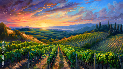 sunset in the mountains 3d image, Painting of a vineyard scene with a view of a valley