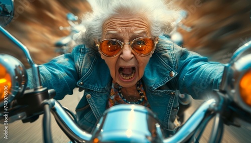 Older woman is angry on a motorcycle