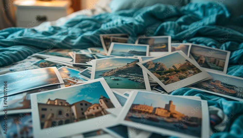 Photos of different city scenes scattered on bed