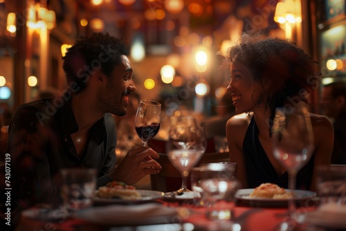 Joyful Young Interracial Couple Enjoying Valentine's Day Dinner in an Elegant Restaurant