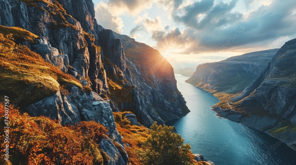 Generative AI Rugged fjord cliffs, drone's aerial view, painted sky, tranquil waters, hyper-realistic sunset over Norwegian fjords - obrazy, fototapety, plakaty 