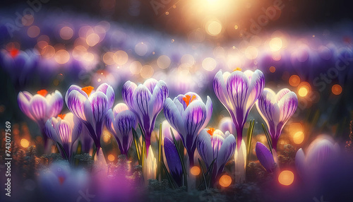 Magical Evening Light Shining Through Delicate Purple Crocuses in Full Bloom Easter Background