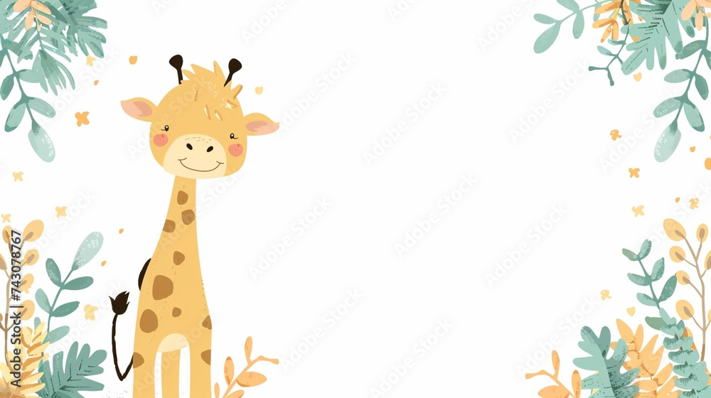 Fototapeta premium copy space, simple vector illustration, cartoon style, Baby Shower Greeting Card with cute Giraffe boy. Cute birth announcement card. Template voor birthday invitation card, birth announcement card mo