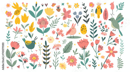 Big spring Easter collection of flowers leaves bi