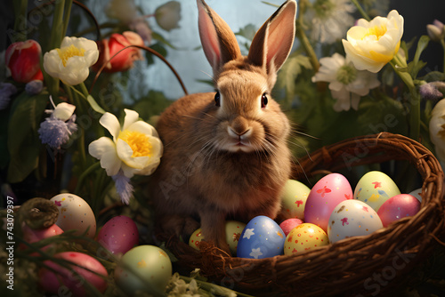 Easter bunny standing next to easter eggs