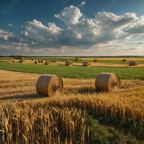 panoramic natural landscape with green grass golden field of harvested wheat with bales and blue
