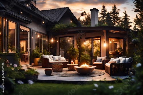 Summer evening on the patio of beautiful suburban house with light room, interior, house, table, home, furniture, hotel, chair, architecture, window, wood, luxury,  © MSohail