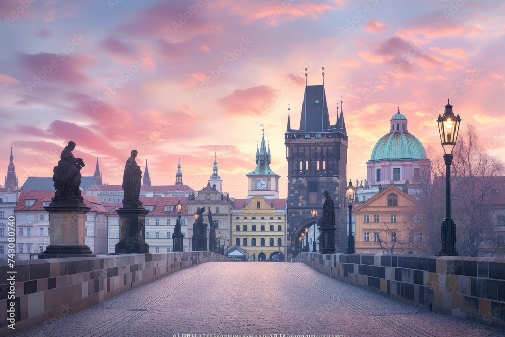 Sunrise Over Charles Bridge and the Iconic Old Town Bridge Tower in Prague, Czech Republic - obrazy, fototapety, plakaty 