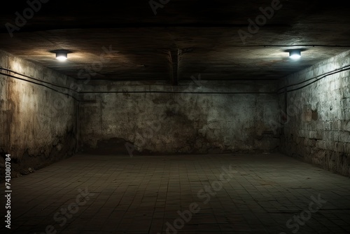 An aged, dimly lit basement with two ceiling lights, worn walls, and a tiled floor.
