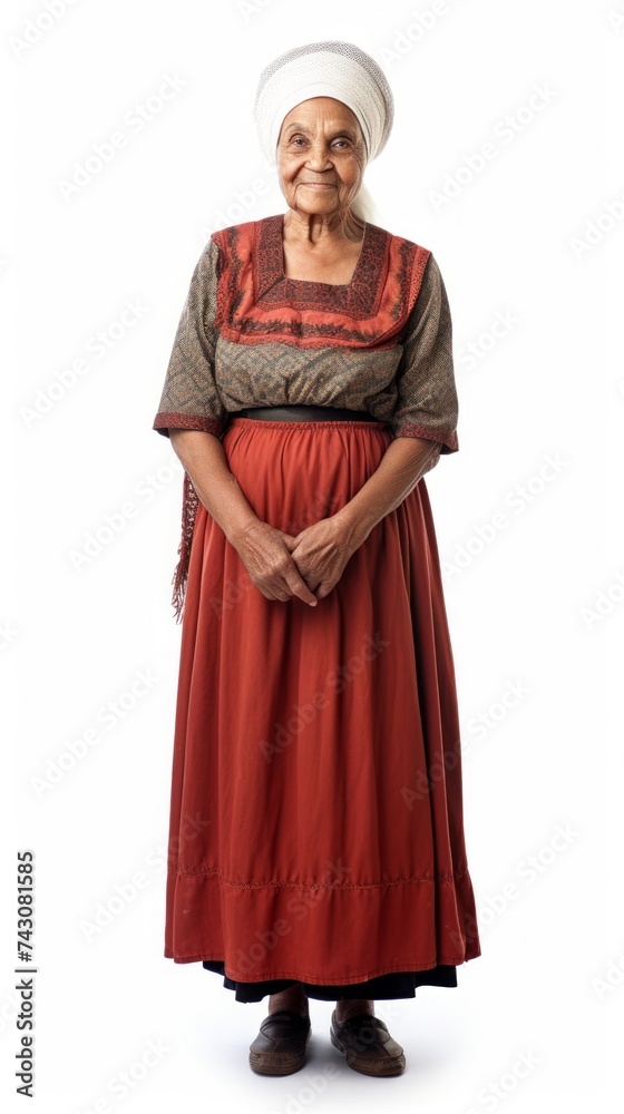 Stock image of a grandma in a traditional dress against a plain white background Generative AI