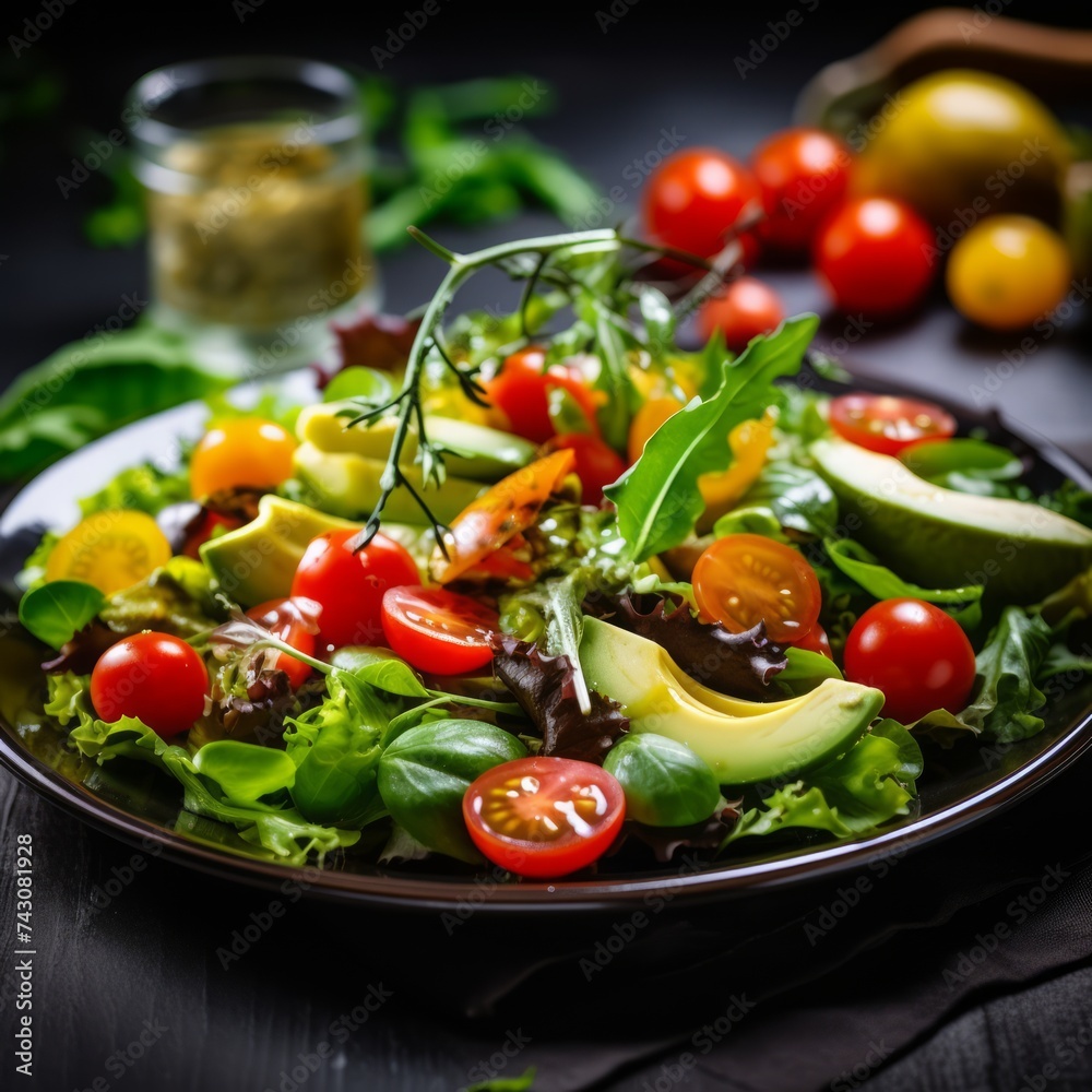 Stock image of a plate of fresh salad with mixed greens, cherry tomatoes, and avocado, healthy and appetizing Generative AI