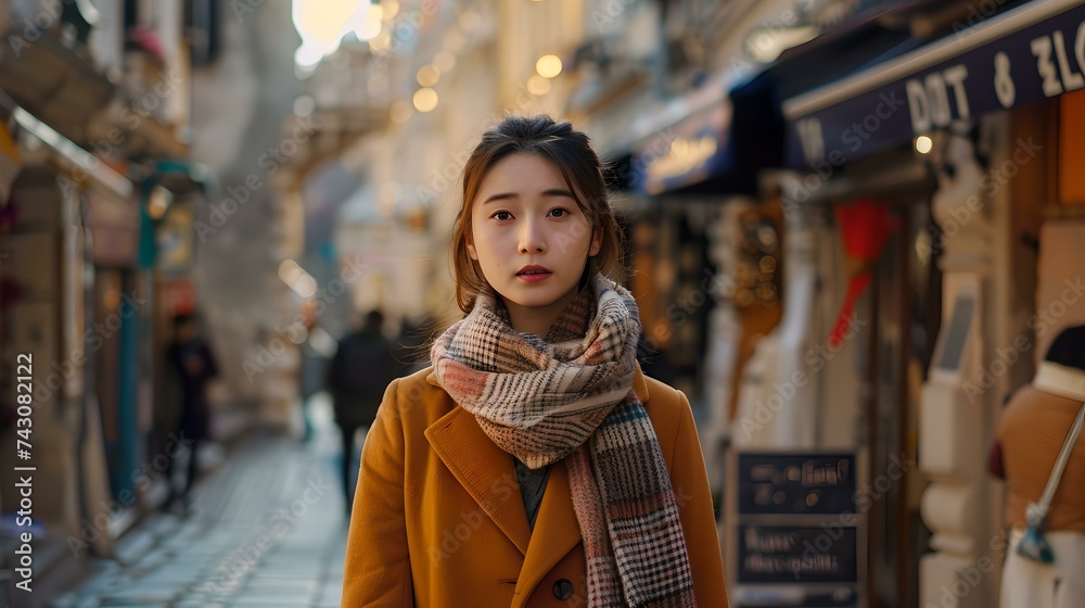 Fototapeta premium Young woman in a stylish yellow coat wandering through a quaint european alley. casual urban exploration. contemporary fashion. AI
