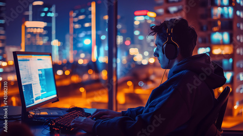 Remote worker sits at a computer against the backdrop of a colorful night city.