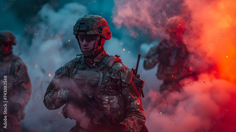 Intense depiction of soldiers in a smoky battlefield environment. military uniform, tactical gear, dramatic lighting. ideal for action-themed projects. AI