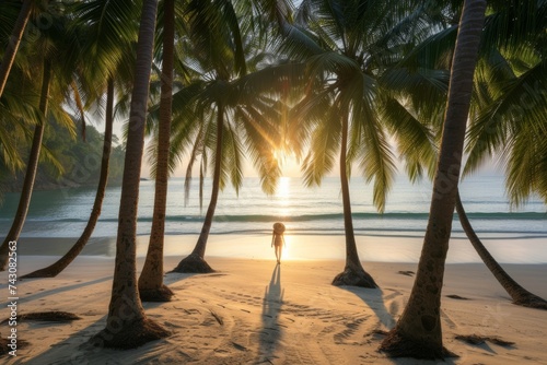 Serene Sunset at Pantai Cenang Beach with a Lone Woman Walking Along the Shoreline, Langkawi, Malaysia