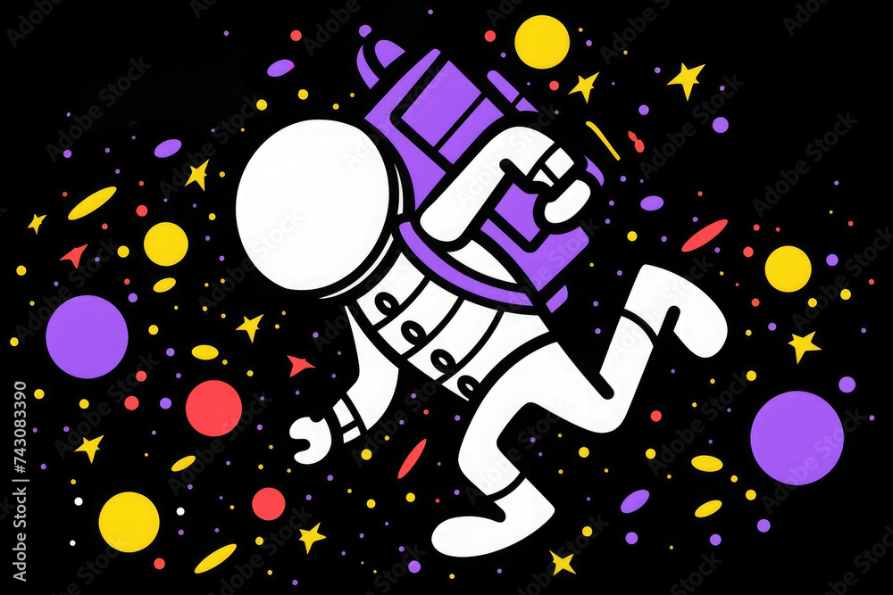 Cartoon astronaut in spacewalk with colorful planets and stars on a funky cosmic backdrop, evoking childlike wonder.