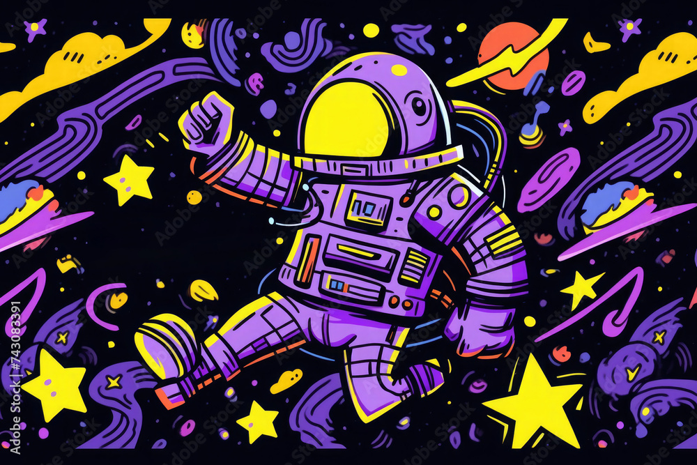 Lively digital with an astronaut floating joy among vibrant planets, stars and cosmic elements in a deep space backdrop. Lively digital with an astronaut floating joy among vibrant planets, stars and cosmic elements in a deep space backdrop.